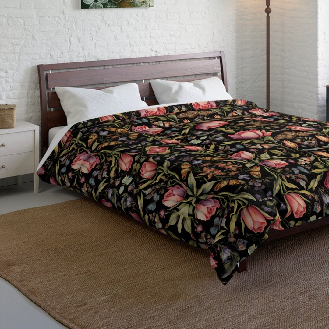Dark Cottagecore Comforter Pink Roses William Morris Inspired Floral ...