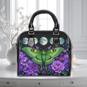 Dark Cottagecore Bag Luna Moth Moon Phase Celestial Purple Flower Witchy Shoulder Purse Handbag Art Nouveau Vegan Art Designer Handbag