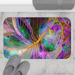 Butterfly Bath Mat Aesthetic Purple Stained Glass Romantic Lavender Gold Bathroom Rug Home Bath Decor Art Nouveau