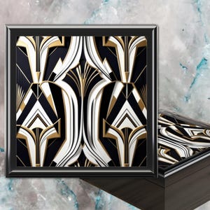 White Black Art Deco Jewelry Box Gold Wood Art Nouvaau Design Womens Girls  Printed Gatsby Style Keepsake Memory Box