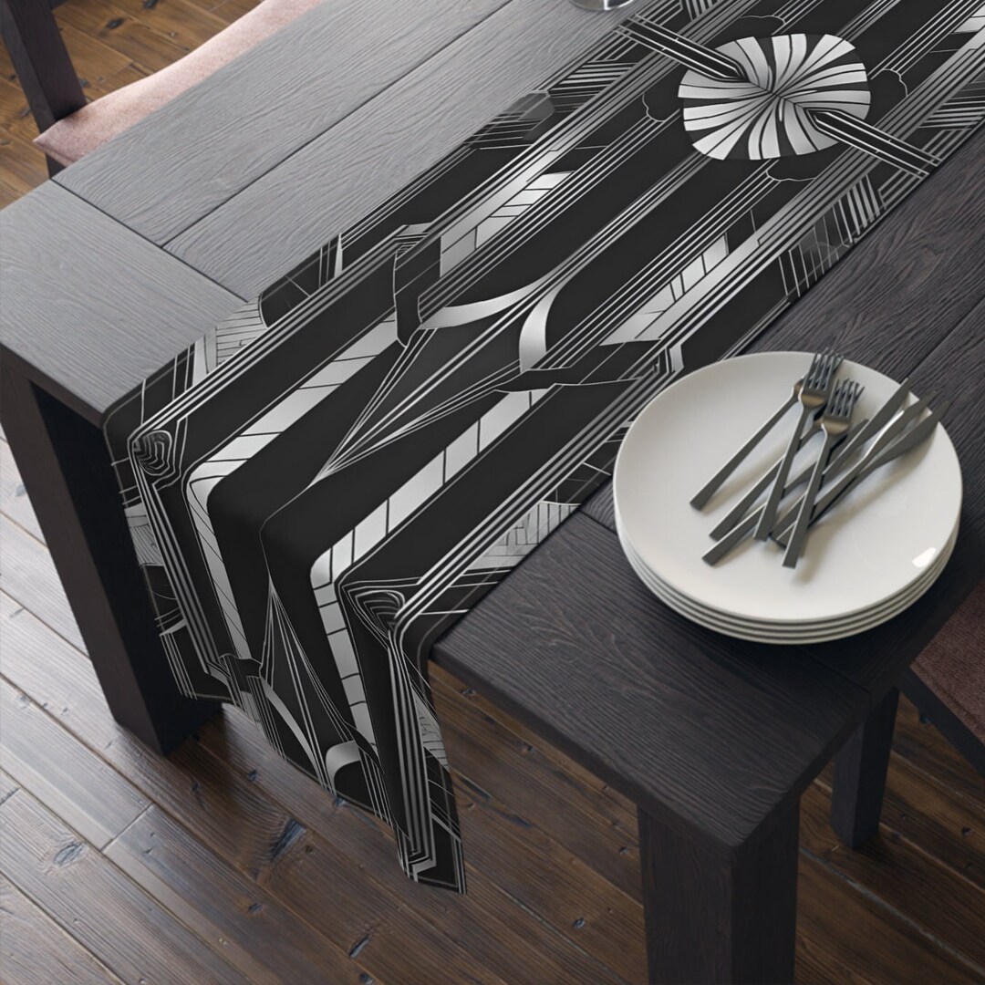 Black Silver Table Runner Art Deco Aesthetic Geometric Catsby 1920s ...
