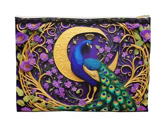 Lila Schminktasche William Morris Inspiriert Kosmetiktasche Pfau und Mond Accessoire Cottagecore Beutel BohoReisetasche Jugendstil Design