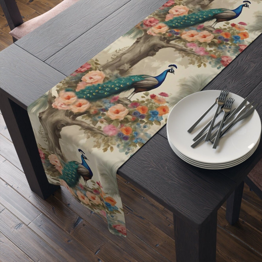 Peacock Table Runner Cottagecore Autumn Floral Boho Flowers William