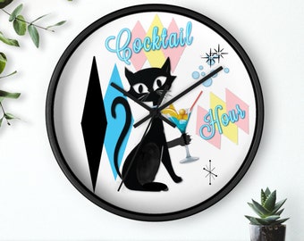 Cocktail Hour Wall Clock Atomic Cat Unique Home Decor Mid Century Modern 1950s Style Living Room Bathroom Bedroom Clock