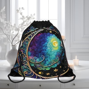 Moon Celestial Drawstring Bag Backpack Nature Witchy Travel Bag Magic Moonlight Art Nouveau Blue Boho Gift