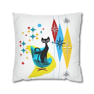 Pillow Cover Atomic Cat Pillow Case Mid Century Modern Retro 1950s Style Home Decor Diamonds Starburst 14 to 20 Inches