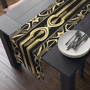Black Gold Art Deco Table Runner Black Dark Aesthetic Geometric Catsby 1920s Style Elegnat Cloth Floral Leaf 90 or 72 Inches