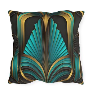 May include: A square throw pillow features a teal and gold Art Deco design. The pattern consists of geometric shapes and lines, creating a visually striking and luxurious look. The pillow is perfect for adding a touch of elegance and sophistication to any room.  The dark background contrasts beautifully with the vibrant teal and gold accents. The intricate details of the design are highlighted by the use of shading and texture. This decorative pillow is a stylish addition to any home decor.