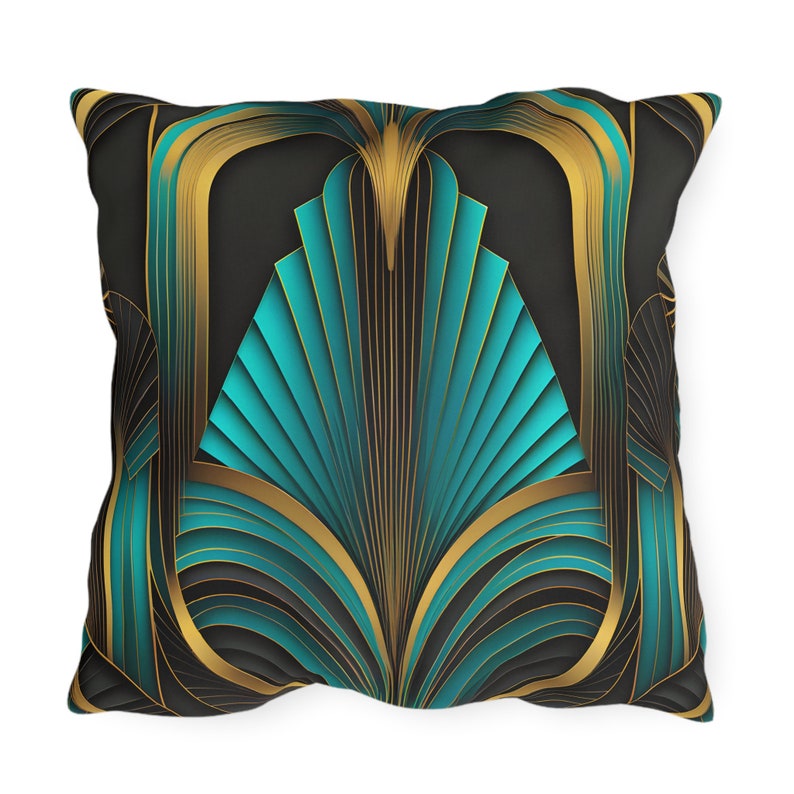 May include: A square throw pillow features a teal and gold Art Deco design. The pattern consists of geometric shapes and lines, creating a visually striking and luxurious look. The pillow is perfect for adding a touch of elegance and sophistication to any room.  The dark background contrasts beautifully with the vibrant teal and gold accents. The intricate details of the design are highlighted by the use of shading and texture. This decorative pillow is a stylish addition to any home decor.
