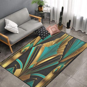Elegant Tourquise Gold Black Area Rug Art Deco Gatsby Gold Rug  Non Slip Carpet Bedroom Living Room Rug Indoor Carpet Home Decor
