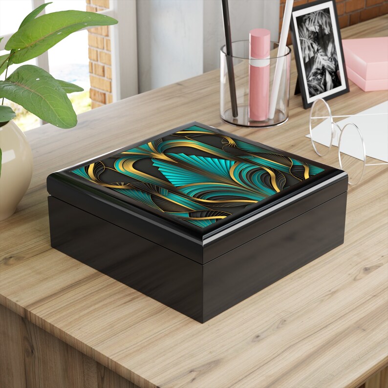 Teal Memory Teal Jewelry Box Art Deco Gold Black Gemetric Design Printed Style ...