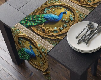 Peacock Table Runner Cottagecore Art Nouveau Decor William Morris Inspired Bird Gold Blue Leaves Flowers Pinecones