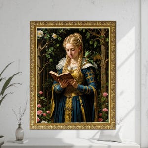 Peinture médiévale fille imprimable femme chevalier Art mural bébé dragon Camelot téléchargement numérique impression Dark Academia