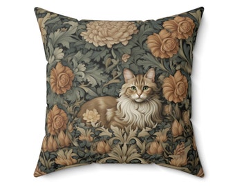 Cat In Forest Flowers William Morris Inspired Throw Pillow Cottagecore Forestcore Decor Pillow Insert Included