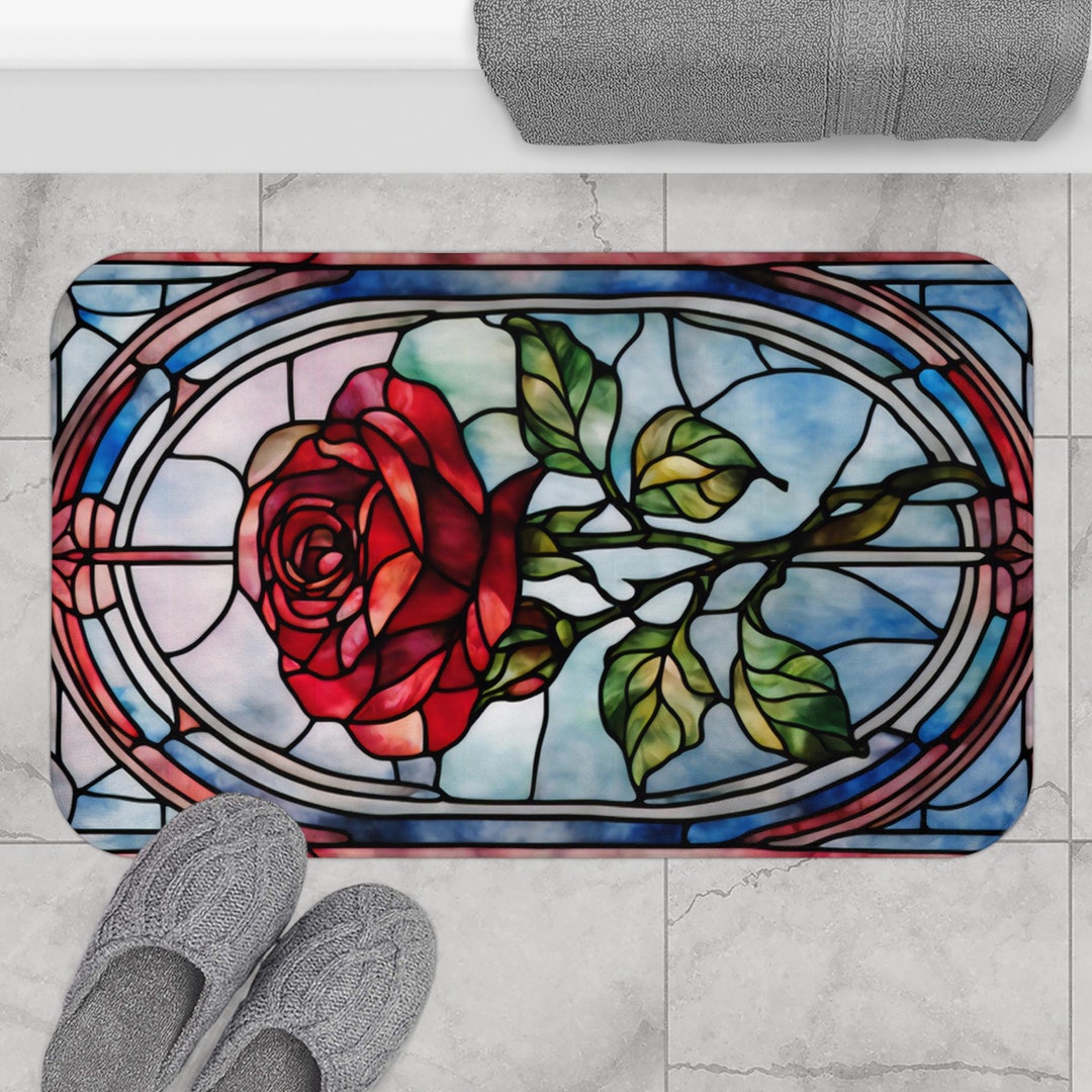 Red Rose Bath Mat Aesthetic Blue Stained Glass Romantic Floral Flower