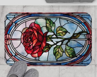 Red Rose Bath Mat - Scarlet Rose Watercolor Blooms. Shabby