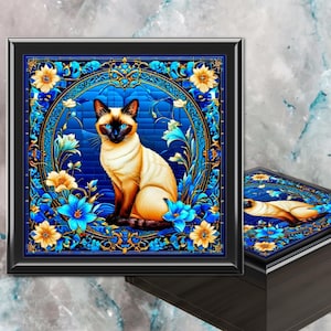 Katze Schmuckschatulle Gold Holz Jugendstil Siamese Kitty Design Damen Mädchen Gedruckt Mosaik Stil Andenken Memory Box