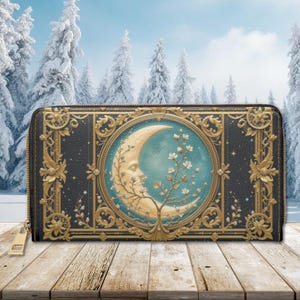 Moon Wallet Dark Cottagecore Witchy Nature Flower Zipper Wallet Teal Pink Pouch Money Card Holder Vegan Organizer
