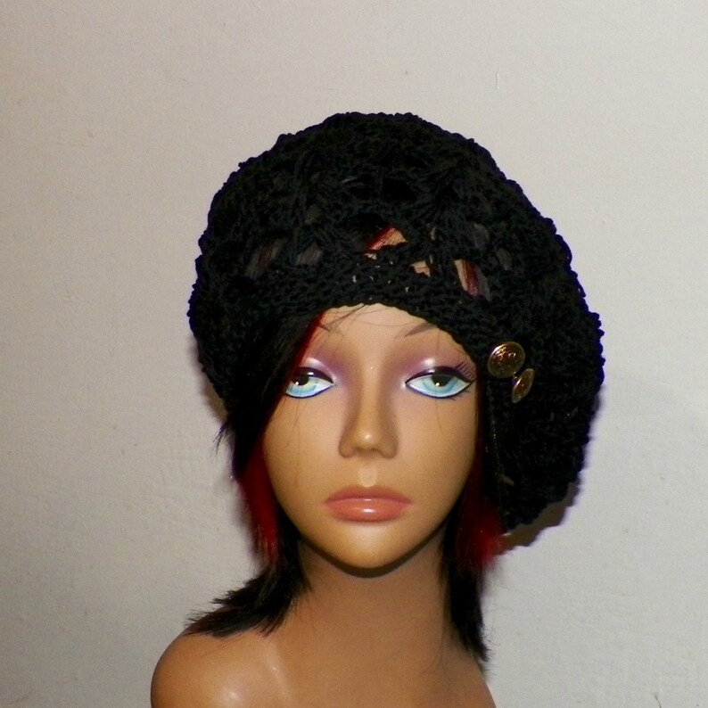 Beret Hat Summer Black Slouchy Cotton Crochet Womens Tam Chemo Etsy