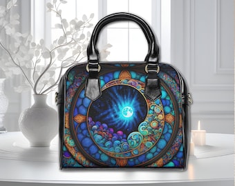 Bolso bohemio con diseño de luna y estrellas, bolso de hombro de bruja, bolso de diseño vegano con diseño de galaxia celestial