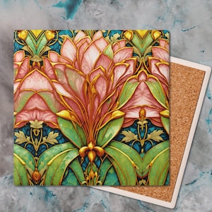 Art Nouveau Ceramic Coaster Tile Home Decor Pink Green Gold Lotus Flower Drink Holder Decorative Wall Decor