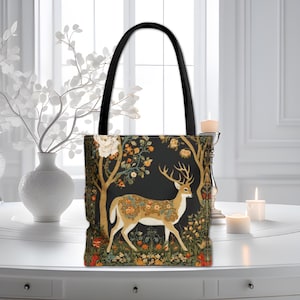 Deer Tote Bag William Morris Inspired Dark Cottagecore Bag Tote Purse Forestcore Wildlife In Forest Fashion