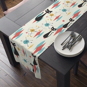 Table Runner Mid Century Modern Atomic Cat Retro 1950&#39;s Kitchen Decor 90 or 72 Inches
