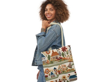 Autumn Tote Bag English Cottage Fall Flowers Floral Canvas Tote Bag Aesthetic Faux Embroidered Cottagecore Purse Bag