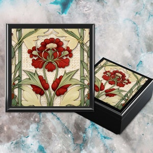 Art Nouveau Jewelry Box Flower Floral Red Lily William Morris Inspired Printed Flower Style Keepsake Memory Box