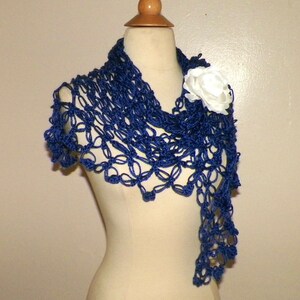 Royal Blue Shawl Triangle Crochet Lace Hippie  Bridal  Wedding Wrap Scarf Boho Summer Wrap With Brooch