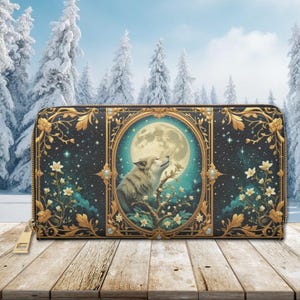 Wolf Moon Wallet Dark Cottagecore Witchy Nature Flower Zipper Wallet Pouch Money Card Holder Vegan Organizer