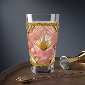 Pink Gold Retro Glass Gatsby Barware Drinking Glass Old Hollywood Style Art Deco Water Glass Retro Modern Gold Mixing Glass 16oz Home Decor