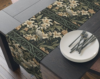 Heron Table Runner William Morris Inspired Forestcore Bird Cottagecore Cloth Nature Botanical Kitchen Decor 90 or 72 Inches