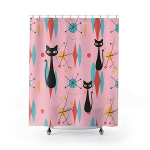 Cortina de chuveiro rosa gato atômico meados do século moderno poliéster banho decoração para casa cortina de banheiro