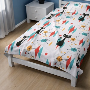 Atomic Cat Retro Throw Blanket Modern Soft Velveteen Plush 1950s Style Aesthetic Bedding Home Decor