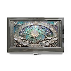 Business Card Holder Floral Lotus Flower Art Nouveau Silver Credit Card Wallet Business Card Case