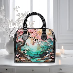 桜の花の財布 アジアン 日本風バッグ 桜 ピンク ショルダー ハンドバッグ アールヌーボー ヴィーガンアート デザイナーハンドバッグ