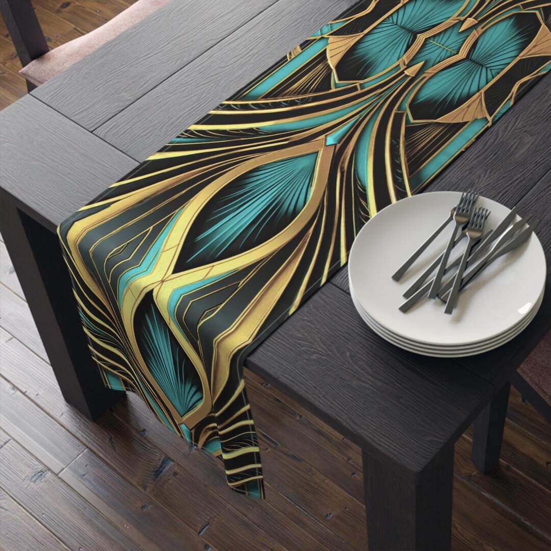 Gold Teal Black Table Runner Gatsby Style Table Cloth Gold Retro Style ...