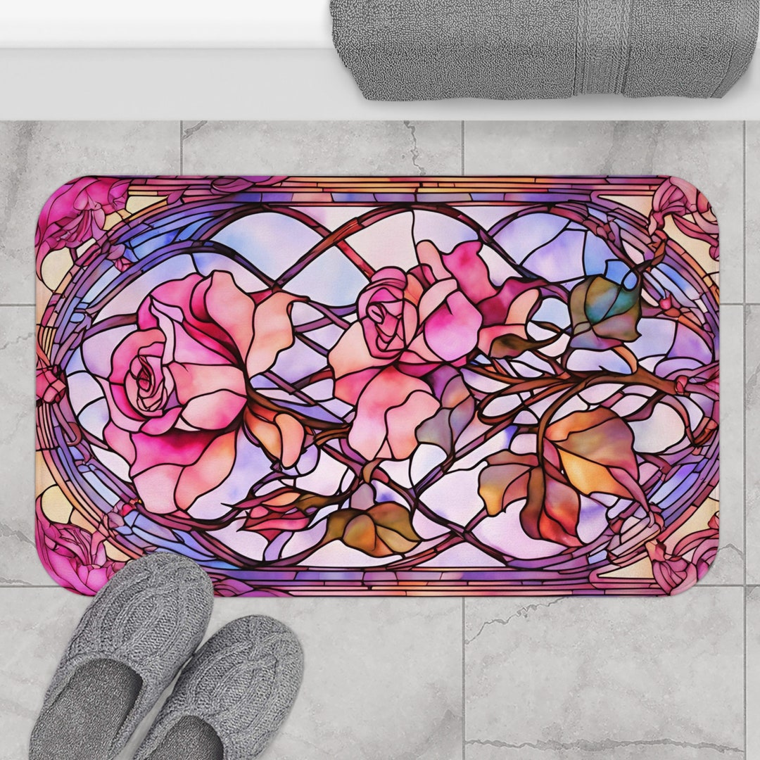 Pink Rose Floral Bath Mat Aesthetic Pink Rose Stained Glass Romantic
