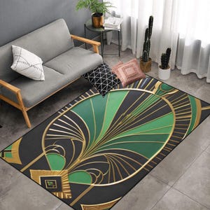 Green Black Area Rug Art Deco Gatsby Gold Rug  Non Slip Carpet Bedroom Living Room Rug Indoor Carpet Home Decor