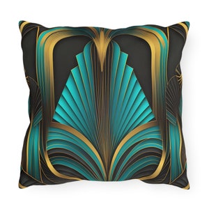 May include: A square throw pillow features a teal and gold Art Deco design. The pattern consists of geometric shapes and lines, creating a visually striking and luxurious look. The pillow is perfect for adding a touch of elegance to any living space.