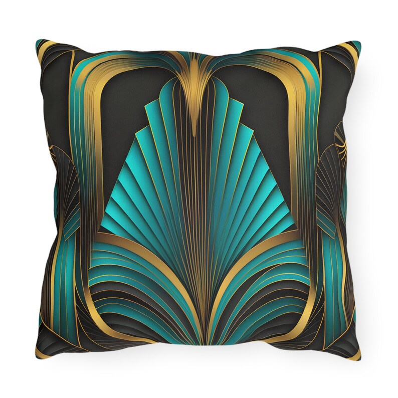 May include: A square throw pillow features a teal and gold Art Deco design. The pattern consists of geometric shapes and lines, creating a visually striking and luxurious look. The pillow is perfect for adding a touch of elegance to any living space.