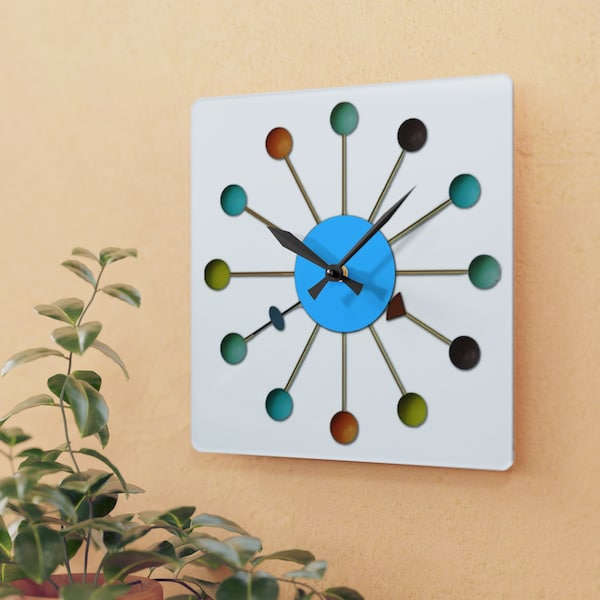 Clock Mid Century Modern Acrylic Wall Clock Square Ball Clock Inspired Retro MCM Home Decor