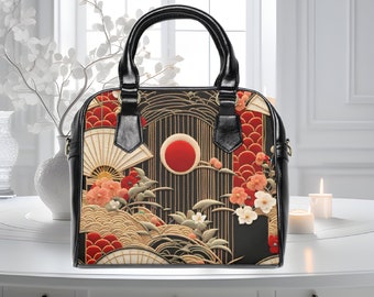 Sac à main Art déco Gatsby à bandoulière inspiré des fans asiatiques d'Orential Sac à main de designer rouge noir végétalien