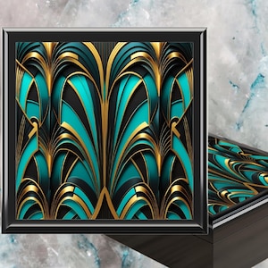Scatola portagioie Art Deco blu-verde acqua in legno dorato Gatsby Design per donne e ragazze in stile stampato Scatola portagioie con perle finte