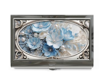 Blue Silver Victorian Style Card Case Unigue Card Holder Floral Business Card Holder Cottagecore Flowers Credit Card Wallet