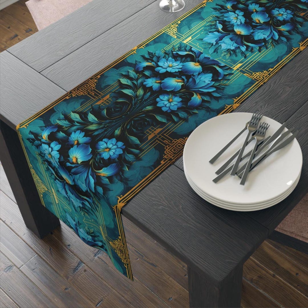 Blue Gold Table Cloth Gatsby Iris Flower Retro Style Black Table Runner ...