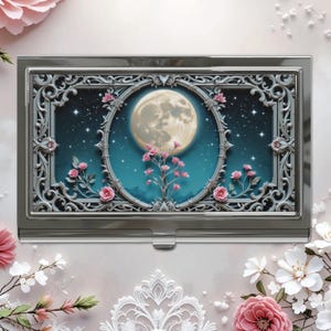 Art Nouveau Moon Business Card Holder Case Moon Flower Celestial Credit Card Wallet Business Card Case