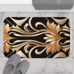 Art Deco Gold Swirl Black Bath Mat  Gatsby Bathroom Peacock Home Bath Decor Rug Home Bath Decor Aesthetic