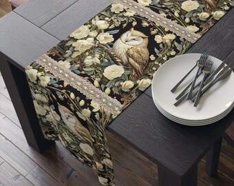 Sleeping Baby Owl Table Runner Cottagecore William Morris Inspired Floral Birds Home Decor Forestcore Art Nouveau Table Cloth